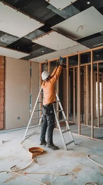 Technician installing suspended ceiling panels in Dubai