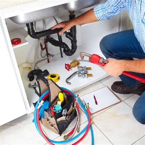 Plumber repairing drainage pipes under a kitchen sink in Dubai